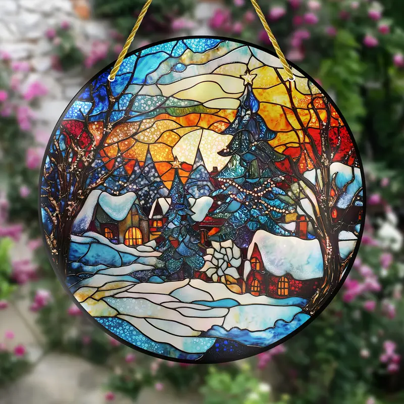 Vibrant Christmas Scene Faux Stained Glass Suncatcher - Decorative Hanging Window Circle