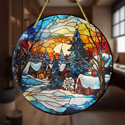 Vibrant Christmas Scene Faux Stained Glass Suncatcher - Decorative Hanging Window Circle