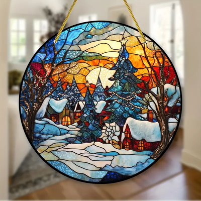 Vibrant Christmas Scene Faux Stained Glass Suncatcher - Decorative Hanging Window Circle