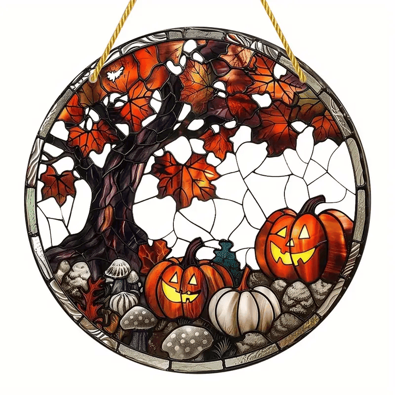Halloween Maple Tree Pumpkin Suncatcher, Round Acrylic Hanging Window Art, Autumn Bat Pumpkin Themed Wall Decor