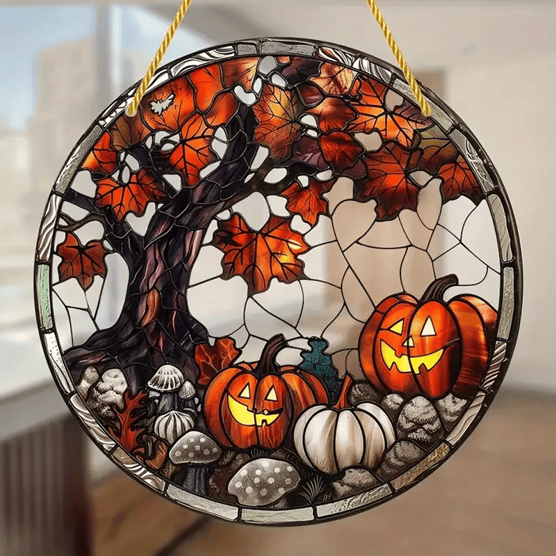 Halloween Maple Tree Pumpkin Suncatcher, Round Acrylic Hanging Window Art, Autumn Bat Pumpkin Themed Wall Decor