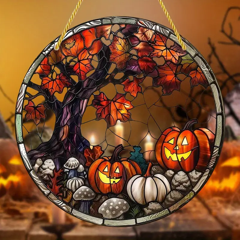Halloween Maple Tree Pumpkin Suncatcher, Round Acrylic Hanging Window Art, Autumn Bat Pumpkin Themed Wall Decor
