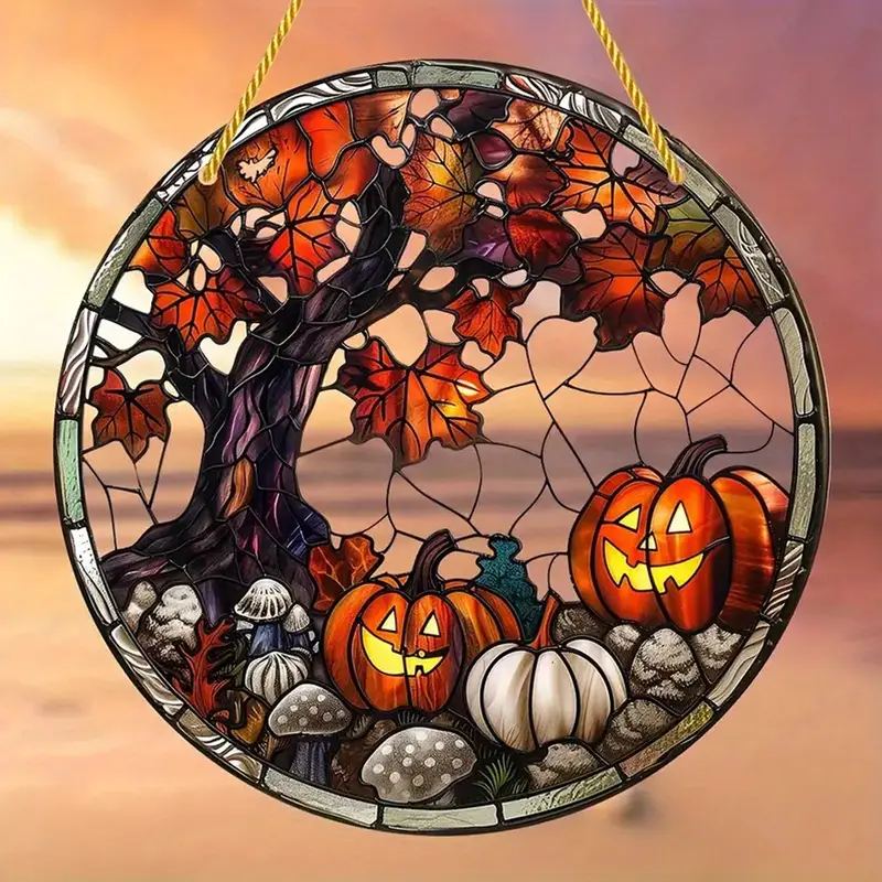 Halloween Maple Tree Pumpkin Suncatcher, Round Acrylic Hanging Window Art, Autumn Bat Pumpkin Themed Wall Decor