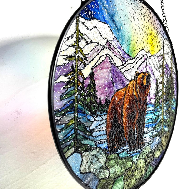 Bear Lake Mountain Landscape Faux Stained Glass Suncatcher, Grizzly, Rockies, Gifts, Window Hanging, Indoor Decor, Sun Catcher