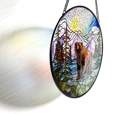 Bear Lake Mountain Landscape Faux Stained Glass Suncatcher, Grizzly, Rockies, Gifts, Window Hanging, Indoor Decor, Sun Catcher