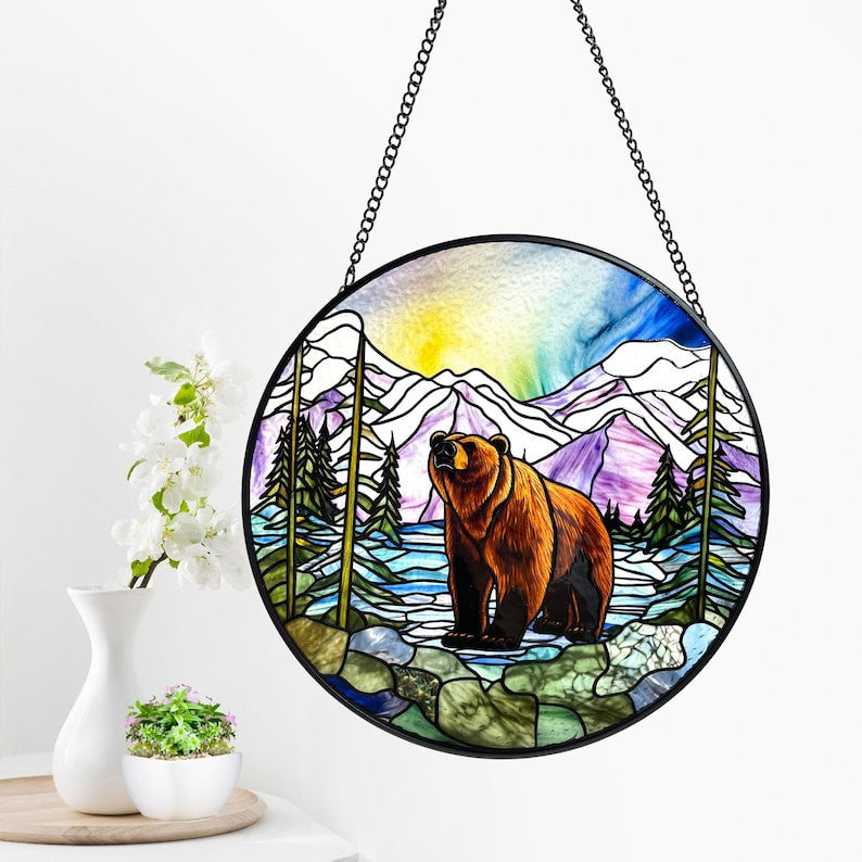 Bear Lake Mountain Landscape Faux Stained Glass Suncatcher, Grizzly, Rockies, Gifts, Window Hanging, Indoor Decor, Sun Catcher