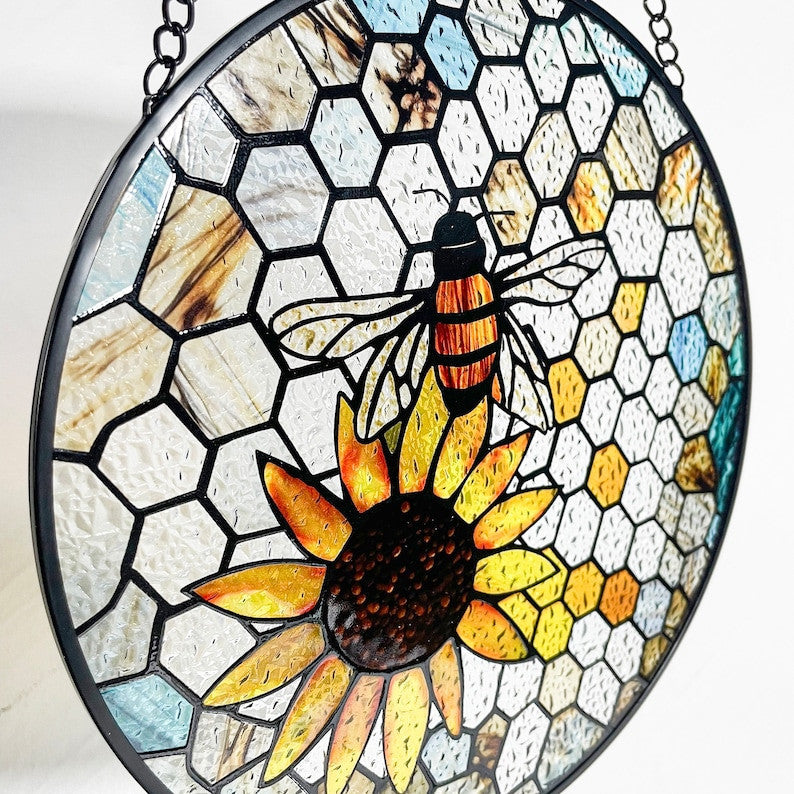 Beehive and Sunflower Faux Stained Glass Suncatcher, Bees, Honeycomb, Gifts, Wall Art, Window Hanging, Indoor Decor, Sun Catcher