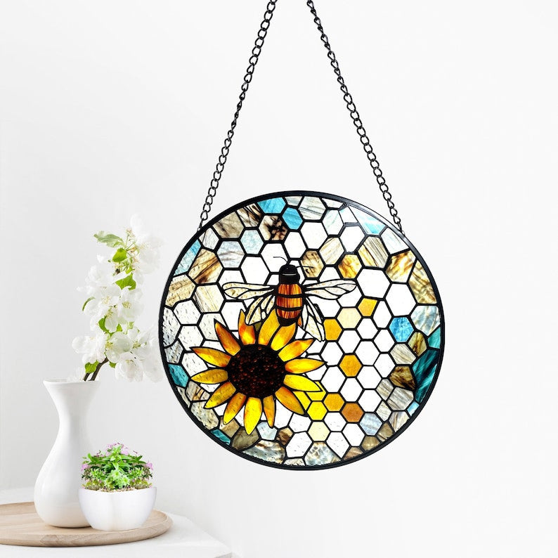 Beehive and Sunflower Faux Stained Glass Suncatcher, Bees, Honeycomb, Gifts, Wall Art, Window Hanging, Indoor Decor, Sun Catcher