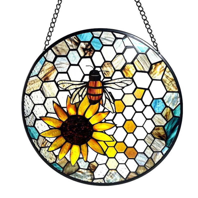 Beehive and Sunflower Faux Stained Glass Suncatcher, Bees, Honeycomb, Gifts, Wall Art, Window Hanging, Indoor Decor, Sun Catcher
