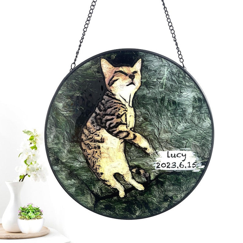 Custom Pet Faux Stained Glass Suncatcher, Gifts for Cat Lovers, Fur Babies, Beloved Animal Pets, Window Hanging, Indoor Decor