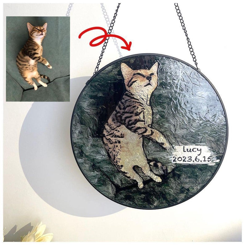 Custom Pet Faux Stained Glass Suncatcher, Gifts for Cat Lovers, Fur Babies, Beloved Animal Pets, Window Hanging, Indoor Decor