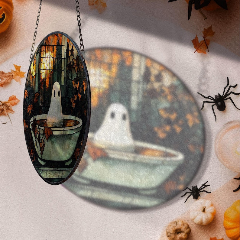 Spooky Ghost in Bathtub Faux Faux Stained Glass Suncatcher, Funny Spooky Ghost Decor, Halloween Decor, Halloween Gifts, Spooky Vibes Gift