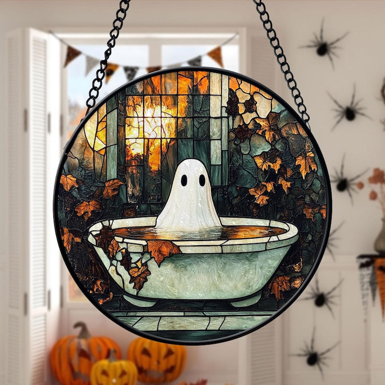 Spooky Ghost in Bathtub Faux Faux Stained Glass Suncatcher, Funny Spooky Ghost Decor, Halloween Decor, Halloween Gifts, Spooky Vibes Gift