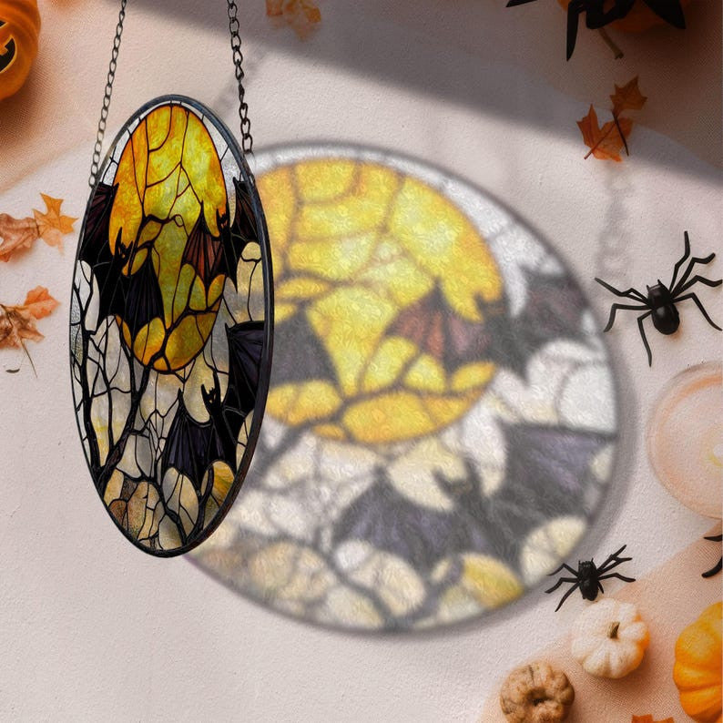 Halloween Bats Faux Faux Stained Glass Suncatcher, Bats with Moon Decor, Halloween Decor, Halloween Gifts, Spooky Vibes Gift