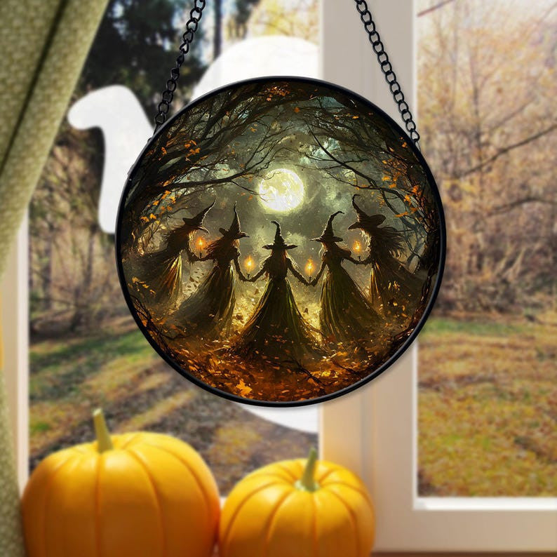 Salem Witches Gothic Faux Faux Stained Glass Suncatcher, Spooky Season Ornament Decor, Halloween Decor, Halloween Decoration, Witchy Vibes Gift