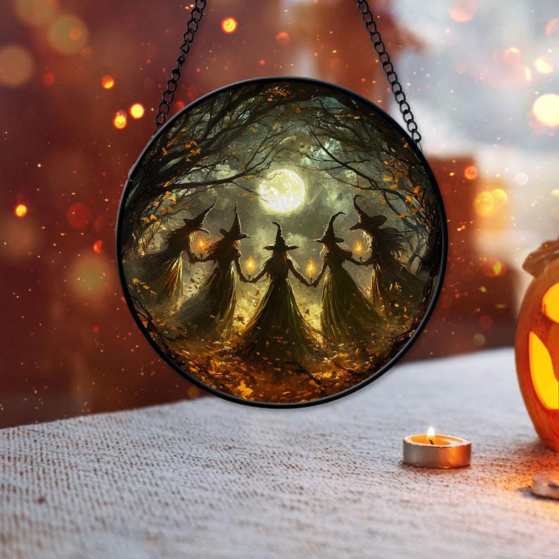 Salem Witches Gothic Faux Faux Stained Glass Suncatcher, Spooky Season Ornament Decor, Halloween Decor, Halloween Decoration, Witchy Vibes Gift