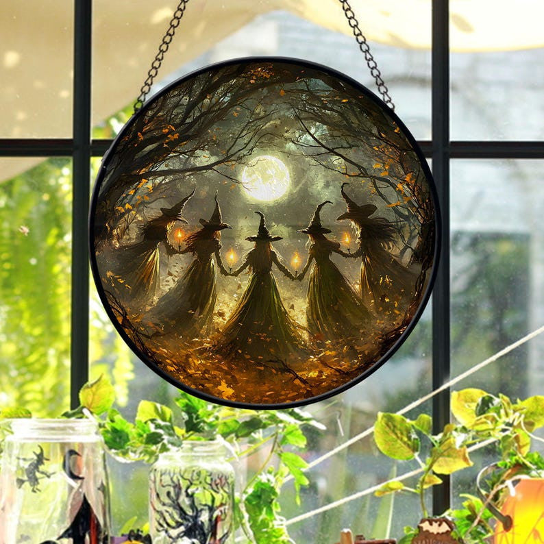 Salem Witches Gothic Faux Faux Stained Glass Suncatcher, Spooky Season Ornament Decor, Halloween Decor, Halloween Decoration, Witchy Vibes Gift