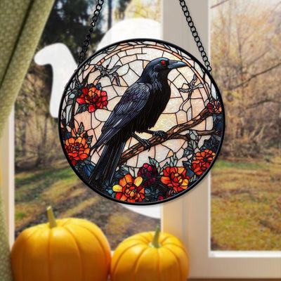 Halloween Faux Faux Stained Glass Crow Suncatcher, Birthday Gift, Raven Suncatcher Decoration, Crow Lover Window Hanging Ornament, Nature Lover