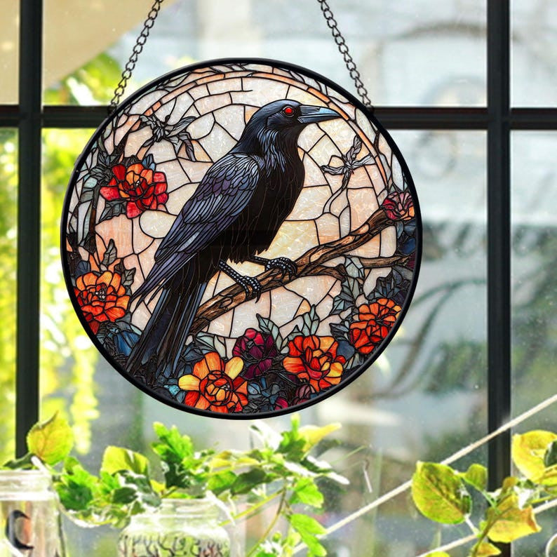 Halloween Faux Faux Stained Glass Crow Suncatcher, Birthday Gift, Raven Suncatcher Decoration, Crow Lover Window Hanging Ornament, Nature Lover