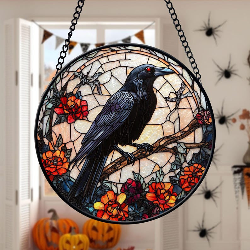 Halloween Faux Faux Stained Glass Crow Suncatcher, Birthday Gift, Raven Suncatcher Decoration, Crow Lover Window Hanging Ornament, Nature Lover