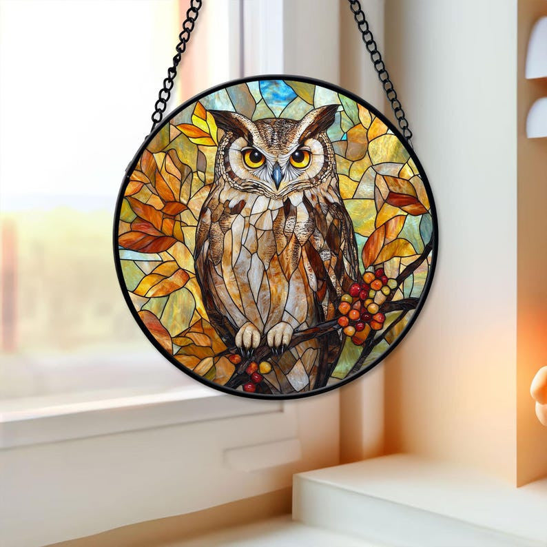 Owl Faux Faux Stained Glass Suncatcher, Owl Faux Stained Glass Window Hanging, Bird Ornament Home Decor, Christmas Gift, Bird Lover, Housewarming Gift