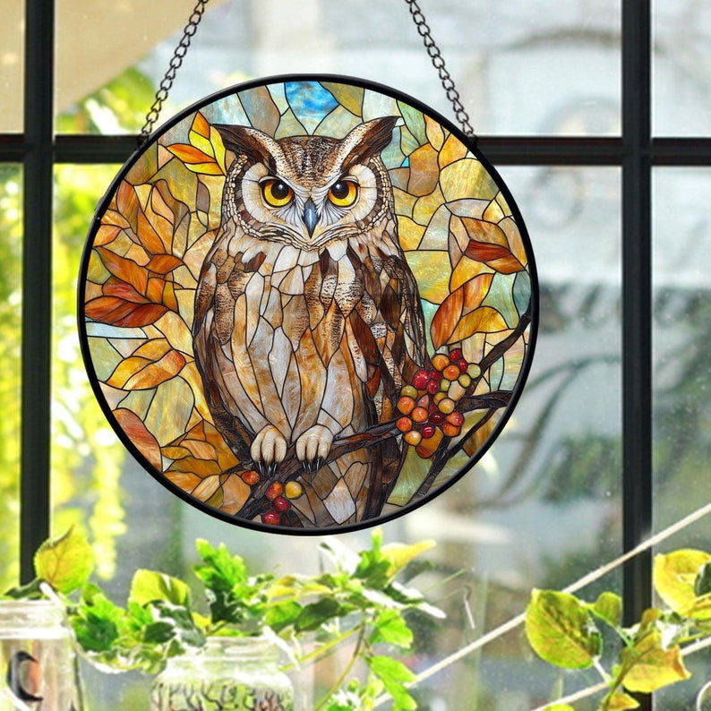 Owl Faux Faux Stained Glass Suncatcher, Owl Faux Stained Glass Window Hanging, Bird Ornament Home Decor, Christmas Gift, Bird Lover, Housewarming Gift