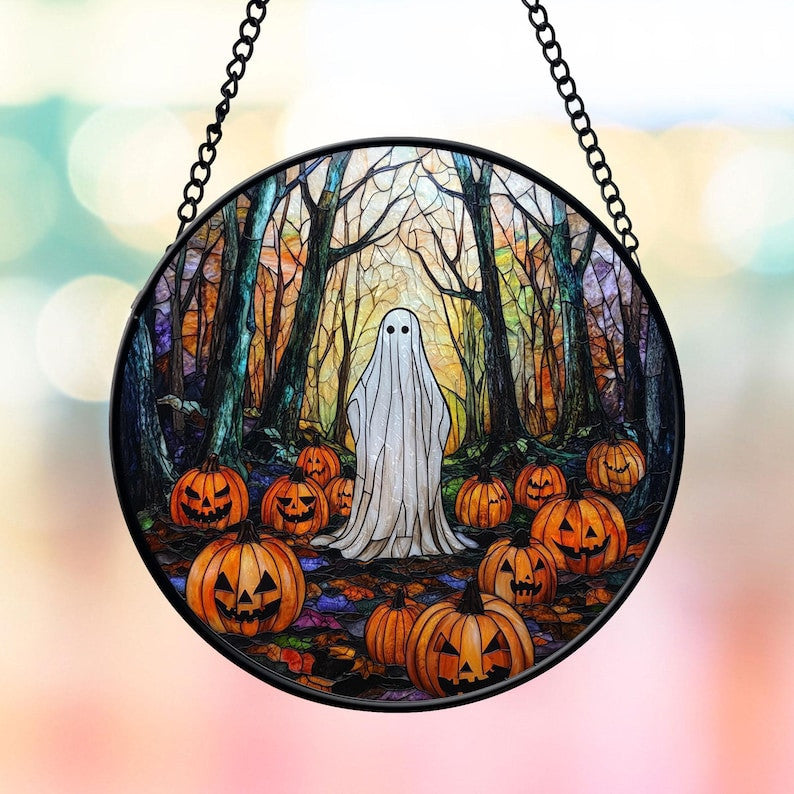 Spooky Ghost in the Woods Faux Faux Stained Glass Suncatcher, Fall Vibes Spooky Ghost Decor, Halloween Decor, Halloween Gifts, Spooky Vibes Gift