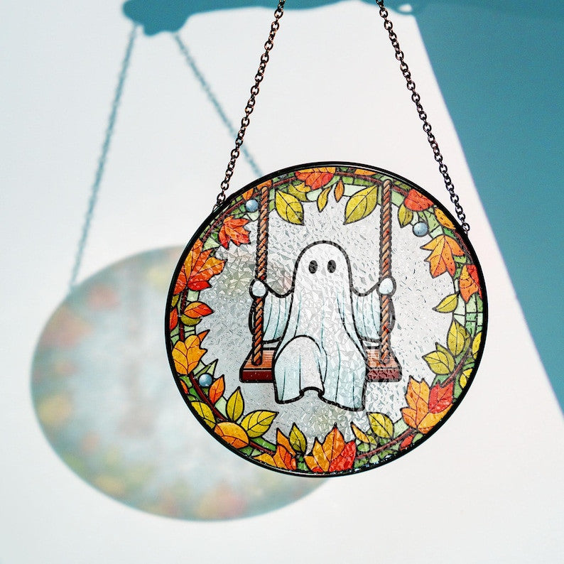 Ghost Play Swing Faux Stained Glass Suncatcher Decor, Cute Ghost Window Hanging Decor, Cute Ghost Hanging Ornament Home Decor, Halloween Decor
