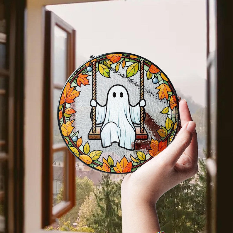 Ghost Play Swing Faux Stained Glass Suncatcher Decor, Cute Ghost Window Hanging Decor, Cute Ghost Hanging Ornament Home Decor, Halloween Decor