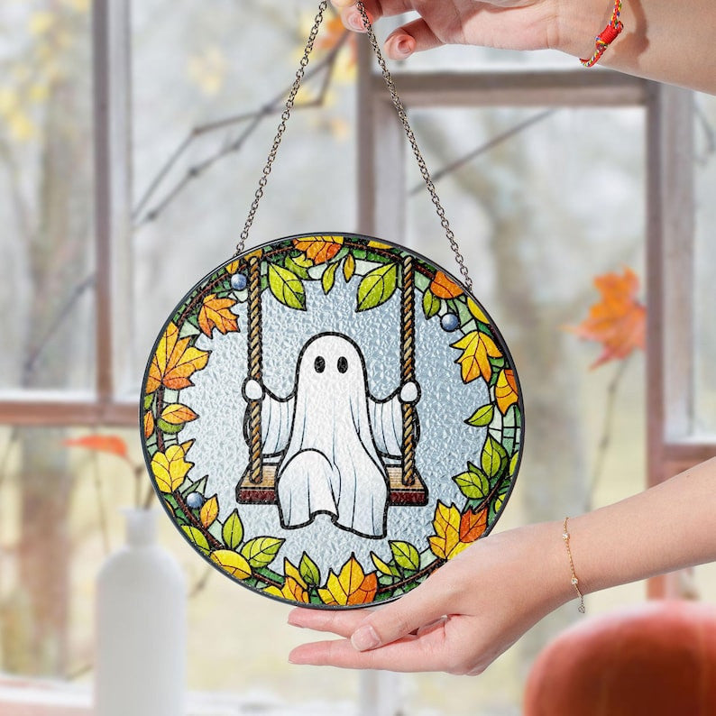 Ghost Play Swing Faux Stained Glass Suncatcher Decor, Cute Ghost Window Hanging Decor, Cute Ghost Hanging Ornament Home Decor, Halloween Decor