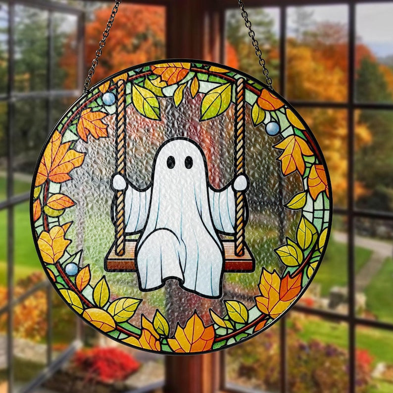 Ghost Play Swing Faux Stained Glass Suncatcher Decor, Cute Ghost Window Hanging Decor, Cute Ghost Hanging Ornament Home Decor, Halloween Decor