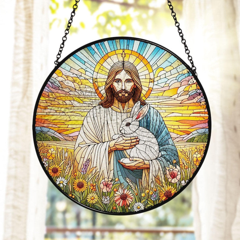 Jesus Christ Hugging Rabbit Dog Faux Stained Glass Suncatcher, Jesus Christ Art, Rabbit Suncatcher, Bunny Mom gift, Memorial Bunny Gift