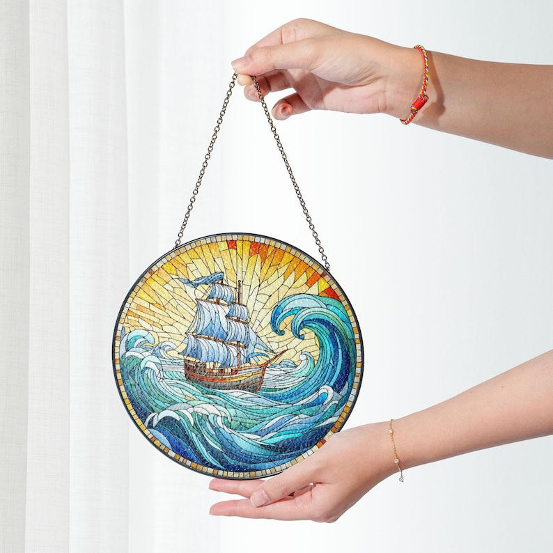 Boat with Ocean Waves Faux Stained Glass Suncatcher Decor, Boat Window Hanging, Ocean Waves Landscape Suncatcher, Housewarming Gift