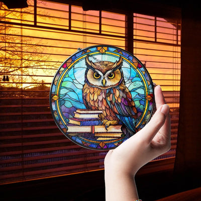 Owl and Books Faux Stained Glass Suncatcher Decor, Owl Reading Book Decor, Owl Suncatcher, Books Lovers Gift, Teacher Librarian Gift, Book Art