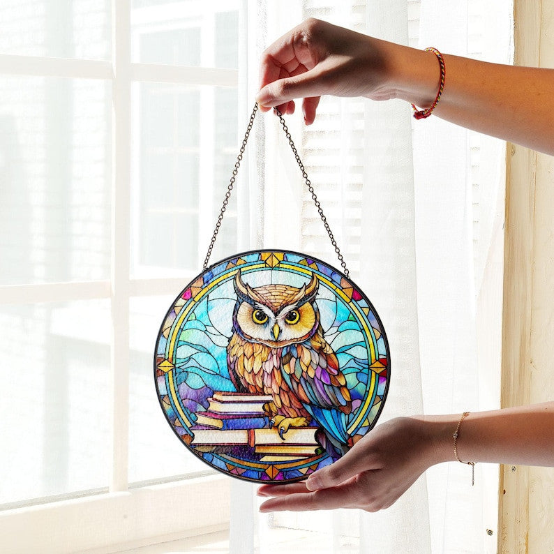 Owl and Books Faux Stained Glass Suncatcher Decor, Owl Reading Book Decor, Owl Suncatcher, Books Lovers Gift, Teacher Librarian Gift, Book Art