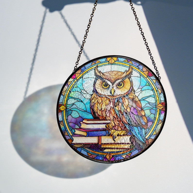 Owl and Books Faux Stained Glass Suncatcher Decor, Owl Reading Book Decor, Owl Suncatcher, Books Lovers Gift, Teacher Librarian Gift, Book Art
