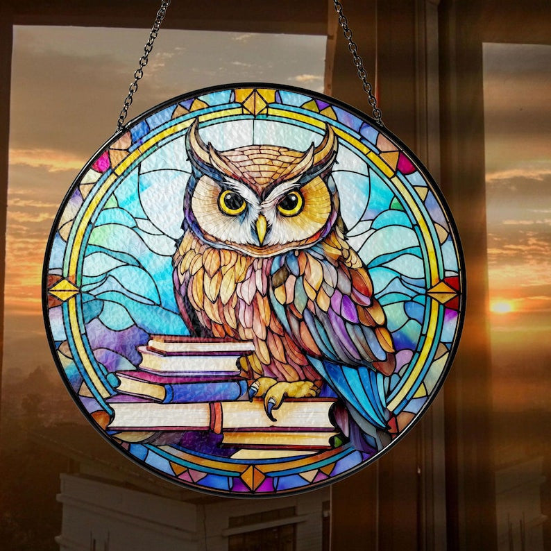 Owl and Books Faux Stained Glass Suncatcher Decor, Owl Reading Book Decor, Owl Suncatcher, Books Lovers Gift, Teacher Librarian Gift, Book Art