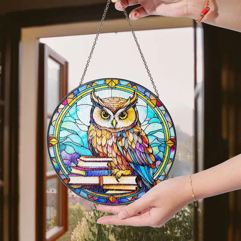 Owl and Books Faux Stained Glass Suncatcher Decor, Owl Reading Book Decor, Owl Suncatcher, Books Lovers Gift, Teacher Librarian Gift, Book Art