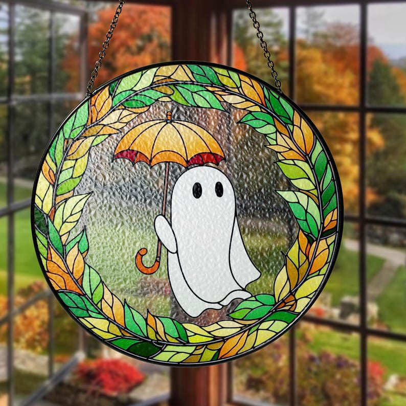 Ghost Holding Umbrella Faux Stained Glass Suncatcher Decor, Cute Ghost Window Hanging Decor, Cute Ghost Hanging Ornament Decor, Halloween Decor