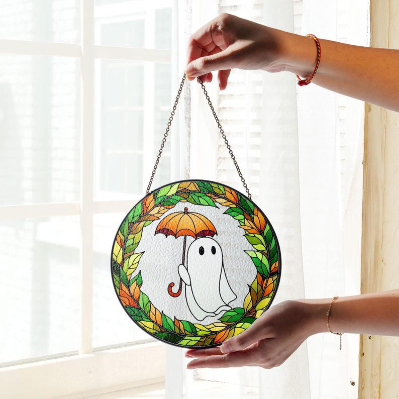 Ghost Holding Umbrella Faux Stained Glass Suncatcher Decor, Cute Ghost Window Hanging Decor, Cute Ghost Hanging Ornament Decor, Halloween Decor