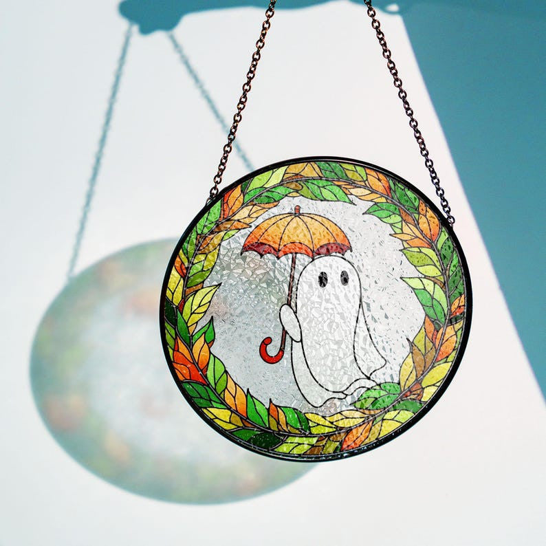 Ghost Holding Umbrella Faux Stained Glass Suncatcher Decor, Cute Ghost Window Hanging Decor, Cute Ghost Hanging Ornament Decor, Halloween Decor