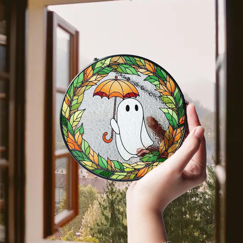 Ghost Holding Umbrella Faux Stained Glass Suncatcher Decor, Cute Ghost Window Hanging Decor, Cute Ghost Hanging Ornament Decor, Halloween Decor
