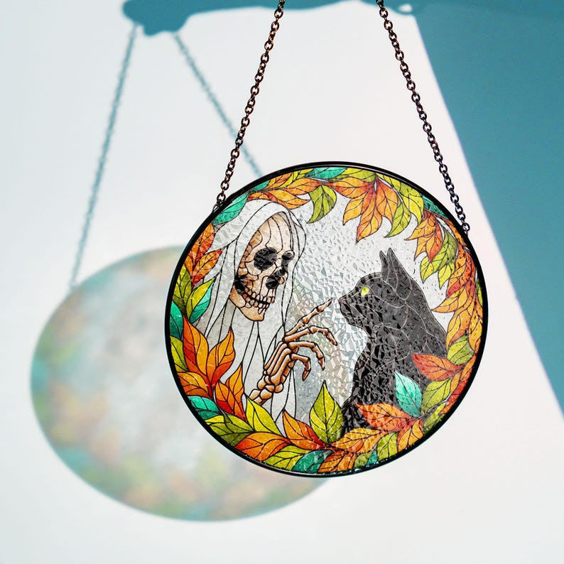 Skeleton Touching Black Cat Boop Faux Stained Glass Suncatcher Decor, Cat Window Hanging Decor, Halloween Suncatcher, Halloween Cat Decor