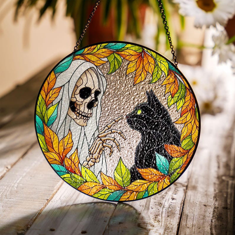Skeleton Touching Black Cat Boop Faux Stained Glass Suncatcher Decor, Cat Window Hanging Decor, Halloween Suncatcher, Halloween Cat Decor