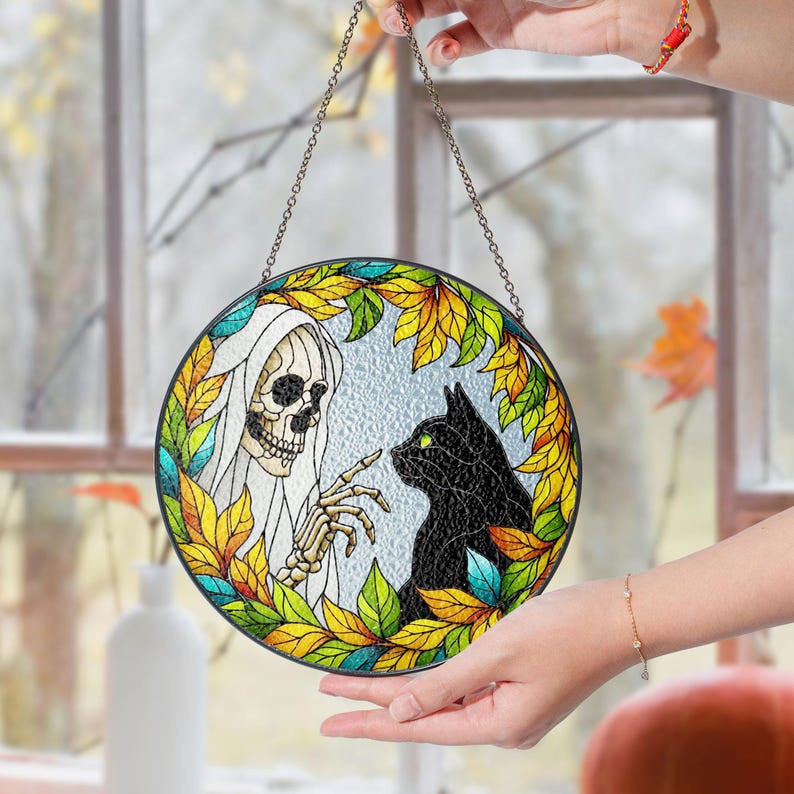 Skeleton Touching Black Cat Boop Faux Stained Glass Suncatcher Decor, Cat Window Hanging Decor, Halloween Suncatcher, Halloween Cat Decor