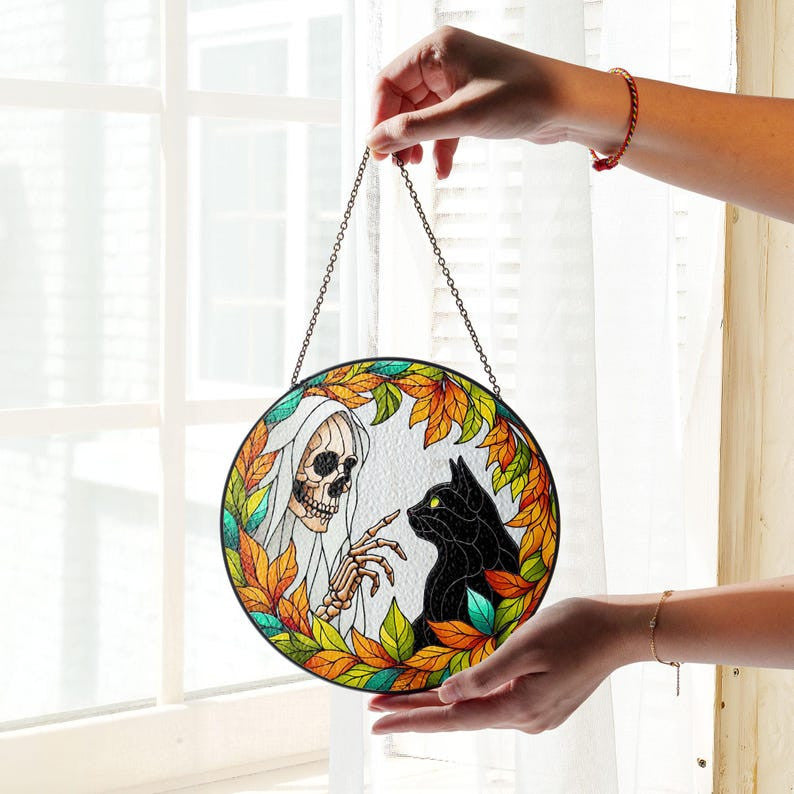 Skeleton Touching Black Cat Boop Faux Stained Glass Suncatcher Decor, Cat Window Hanging Decor, Halloween Suncatcher, Halloween Cat Decor