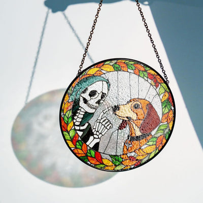 Skeleton Touching Dachshund Boop Faux Stained Glass Suncatcher Decor, Dog Window Hanging Decor, Halloween Suncatcher, Halloween Dog Decor