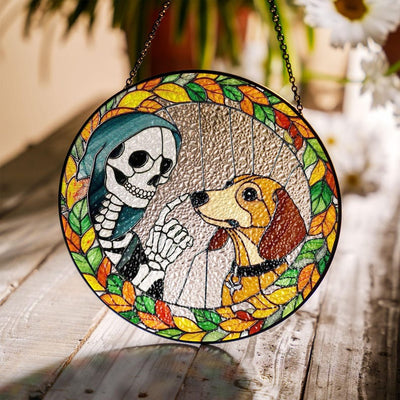 Skeleton Touching Dachshund Boop Faux Stained Glass Suncatcher Decor, Dog Window Hanging Decor, Halloween Suncatcher, Halloween Dog Decor