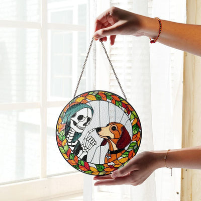 Skeleton Touching Dachshund Boop Faux Stained Glass Suncatcher Decor, Dog Window Hanging Decor, Halloween Suncatcher, Halloween Dog Decor