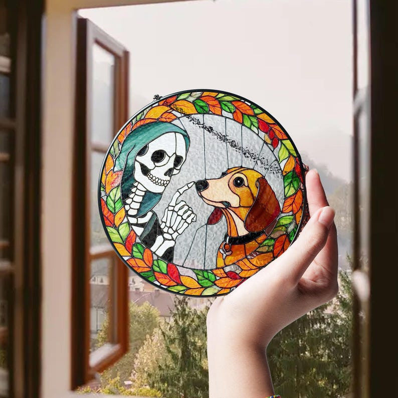 Skeleton Touching Dachshund Boop Faux Stained Glass Suncatcher Decor, Dog Window Hanging Decor, Halloween Suncatcher, Halloween Dog Decor